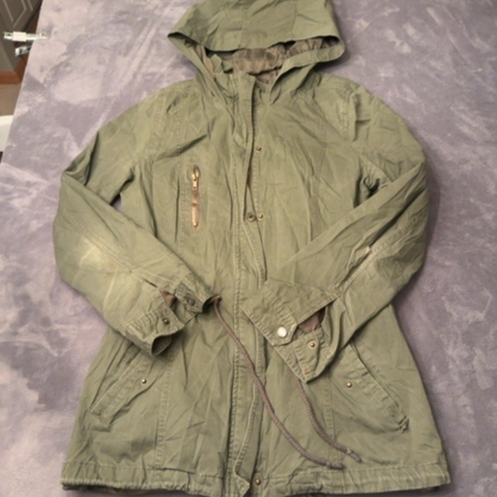 Miss London Utility Jacket Women L Olive Green Hooded Drawstring Outerwear